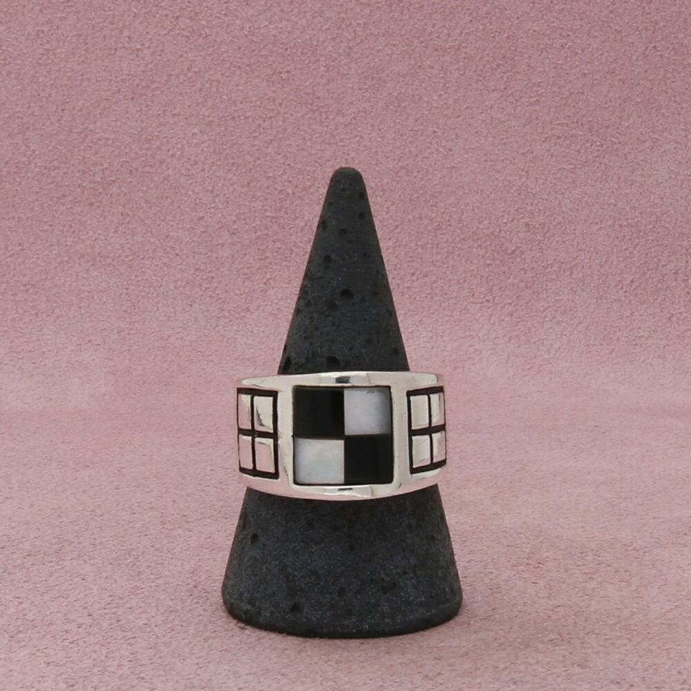 sterling silver mens vintage onyx mother-of-pearl checkerboard ring size 10.75